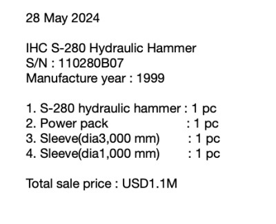 IHC Hydraulic Hammer S280 and 2 sleeves