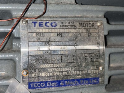 TECO 3-Phase Induction Motor – 15 HP, 1755 RPM, 440V, 60 Hz