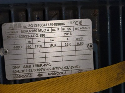 ABB 19 kW Marine Electric Motor – 1750 RPM, 440V, 60Hz, IP55