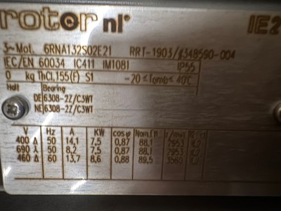 Rotor NL IE2 Electric Motor 7.5kW 3-Phase 400/690V IEC Frame 132S – NEW  Description:  High-quality industrial electric