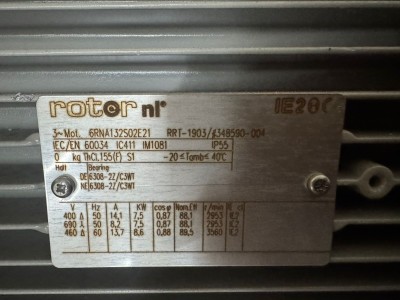 Rotor NL IE2 Electric Motor 7.5kW 3-Phase 400/690V IEC Frame 132S – NEW  Description:  High-quality industrial electric