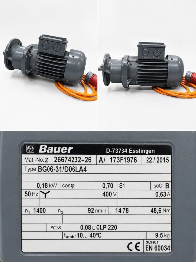 Bauer Geared Motor BG06-31/D06LA4 0.18kW 400V 92RPM IP65 NEW Industrial Gear Motor