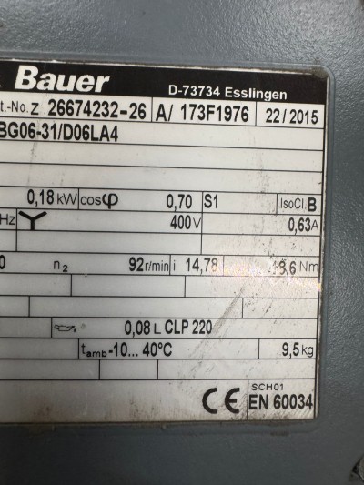Bauer Geared Motor BG06-31/D06LA4 0.18kW 400V 92RPM IP65 NEW Industrial Gear Motor
