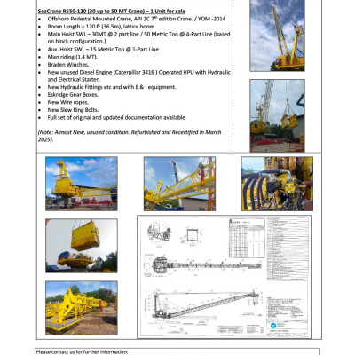 For Sale:Pedestal Mounted Offshore Crane - 50T capacity Pedestal Mounted Offshore Crane - 50T capacity