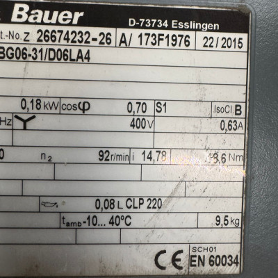 Bauer Geared Motor BG06-31/D06LA4 0.18kW 400V 92RPM IP65 NEW Industrial Gear Motor-2